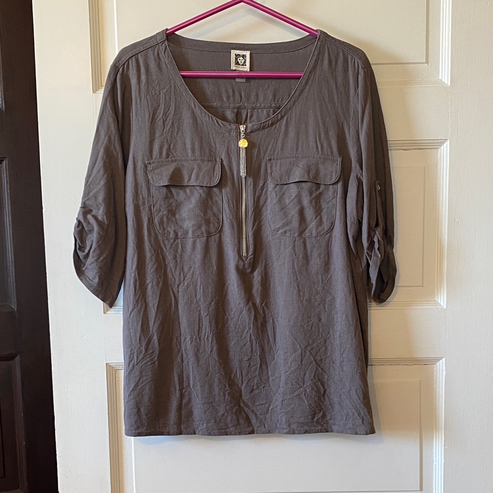 Anne Klein Linen-Blend Popover Blouse